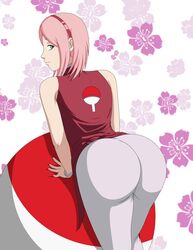 1girls alternate_costume ass behind_view bent_over boruto:_naruto_next_generations bubble_butt clothed clothed_female clothes clothing dat_ass elmonais female female_only forehead_jewel fully_clothed green_eyes headband looking_at_viewer looking_back naruto naruto_(series) pants pink_hair pose posing sakura_haruno solo solo_female solo_focus tight_clothing tight_fit tight_pants wristband