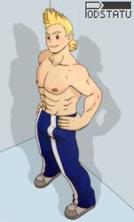 1boy abs artist_name bara blonde_hair blue_eyes bulge erection_under_clothes fit gay hands_on_hips high-angle_view male male_focus male_only mirio_togata muscles muscular_male my_hero_academia pants pecs penis_shaped_bulge penis_under_clothes podstatu serratus_anterior shirtless six_pack smug sneakers solo spiked_hair spiky_hair toony topless trousers yaoi