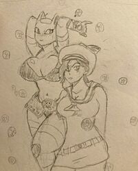 2girls big_breasts black_and_white black_bra black_hair breasts female female_only human jojo's_bizarre_adventure jojolion killer_queen lambb rule_63 stand_(jjba) thick_thighs traditional_media_(artwork) yoshikage_kira_(jojolion)