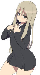 @_@ accio bangs black_dress black_eyes brown_eyes cowboy_shot dress female hair_between_eyes hands_on_own_chest hands_up highres human long_hair long_sleeves looking_at_viewer original parted_lips short_dress simple_background solo sweatdrop thighs white_background