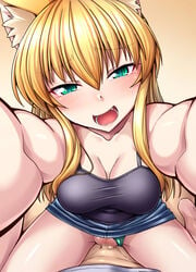 1boy :d animal_ears aqua_panties barefoot blonde_hair blush breasts cat_ears cat_girl censored cleavage cowgirl_position female hair_between_eyes highres long_hair looking_at_viewer mosaic_censoring nokoppa oerba_yun_fang open_mouth original panties panties_aside pov sex skirt smile straddling straight teeth underwear upright_straddle vaginal_penetration