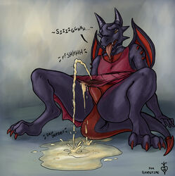 absurd_res anthro bodily_fluids bottomwear clothed clothing crossdressing cum dragon feminization genital_fluids genitals hi_res honest_radish horn male peeing penis scalie sitting sitting_on_tail skirt solo solo_focus spade_tail tapering_penis tongue tongue_out urine watersports wetting wings