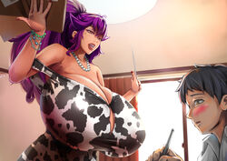 agu cow_print gekijou_no_libido gigantic_breasts huge_breasts purple_hair standing teacher_and_student