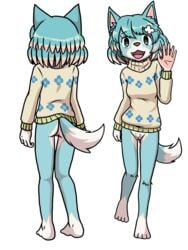 3:4 accessory animal_crossing anthro ass blue_body blue_fur blue_hair bottomless canid canine canis clothed clothing crotch_tuft edit english_text female fur genitals gesture hair hair_accessory hairclip hi_res mammal multicolored_body multicolored_fur nintendo open_mouth pubes pussy sharp_teeth simple_background skye_(animal_crossing) smile solo star★man sweater teeth text topwear tuft two_tone_body two_tone_fur video_games waving white_background white_body white_fur wolf