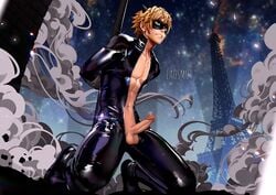 1boy adrien_agreste blonde_hair bodysuit boots cat_ears cat_noir clothed dick ear eiffel_tower erection green_eyes laosmut laovaan male male_only mask miraculous_ladybug muscles open_bodysuit penis penis_out pole solo solo_male tied_up zipper