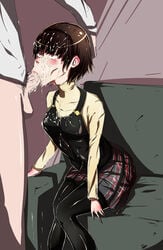 1boy 1girls :>= atlus blush brown_hair clothed_female_nude_male cum cum_everywhere cum_in_mouth cum_inside cum_on_breasts cum_on_clothes cum_on_face cum_on_hair fellatio head_grab makoto_niijima megami_tensei oral persona persona_5 red_eyes short_hair stockings stray_pubic_hair tagme urashia