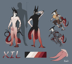 2_tails absurd_res animal_genitalia animal_penis anthro armor athletic athletic_male biped black_body black_scales claws clothed clothing digital_media_(artwork) diphallia diphallism erection fantasy genitals hemipenes hi_res horn humanoid male model_sheet moonski multi_genitalia multi_penis multi_tail muscular muscular_male nude penis red_body red_eyes red_scales reptile scales scalie science_fiction simple_background solo standing text topwear white_body white_scales