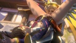 2girls 3d academy_d.va alternate_costume animated blender cunnilingus d.va female female_only mercy no_sound oral oral_sex overwatch pussy pussy_licking reddoe video yuri