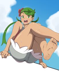 1girls aged_up ass big_ass blush cameltoe dark-skinned_female dark_skin feet feet_up female flower flower_in_hair foot_focus green_eyes green_hair huge_thighs human mallow_(pokemon) nintendo oryuto pokemon pokemon_sm smile soles solo sweat thick_ass thick_thighs thighs tight_clothing toes twintails wide_hips