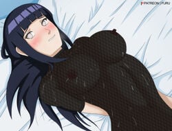 1girls arm_behind_back blush breasts erect_nipples female female_only fishnet_shirt fishnets furutaka hyuuga_hinata long_hair lying naruto naruto_(series) naruto_shippuden nipples on_bed purple_hair see-through see-through_clothing solo sweat sweatdrop upper_body violet_eyes