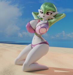 1girls 3d abs anthro anthrofied armpits arms_up beach bikini bikini_top blue_background bottomless bra breasts cleavage clouds day eye_contact female gardevoir green_hair huge_breasts kneeling large_breasts looking_at_viewer mostly_nude nintendo ocean original_character outdoors penis pink_eyes pokemon pokemon_(species) pokemon_rse pose presenting purple_bikini sand shadow short_hair sky solo swimsuit thick_thighs tradelt water white_skin wide_hips