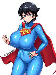 1girls big_breasts black_hair blue_eyes cameltoe cape clara_kent dc eye_contact female huge_breasts large_breasts looking_at_viewer milf mother rule_63 short_hair sole_gem solo standing superheroine superman_(series) superwoman thick_thighs twitter_username white_background