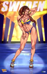 2d abs big_breasts bikini blizzard_entertainment brigitte brown_eyes brown_hair cleavage european faymantra female female_only flag_bikini flowers large_breasts long_hair looking_at_viewer muscular muscular_female open_toe_shoes overwatch ponytail solo swedish_flag