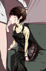 1boy 1girls :>= atlus blush brown_hair clothed_female_nude_male fellatio head_grab makoto_niijima megami_tensei oral persona persona_5 red_eyes short_hair stockings tagme urashia