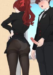 1boy ass ass_focus censored clothed_masturbation clothing exposed_ass exposed_panties facing_away female kamishakujii_(poppenheim) kasumi_yoshizawa lifted_skirt masturbation mosaic_censoring panties panties_under_pantyhose pantyhose penis persona persona_5 persona_5_royal ponytail poppenhaimu presenting presenting_hindquarters red_hair school_uniform secret skirt stealth stealth_masturbation sumire_yoshizawa underwear white_panties