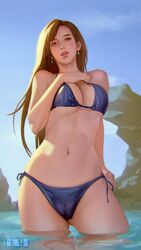 bare_legs bikini cameltoe earrings final_fantasy final_fantasy_vii halhe in_water medium_breasts string_bikini swimsuit tifa_lockhart underboob wet