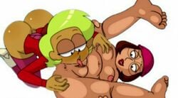 2girls bent_over breasts brown_hair crossover elodie family_guy glasses laying_down meg_griffin multiple_girls nipples ok_k.o.!_let's_be_heroes oral oral_sex pussy tongue tongue_out yellow_hair