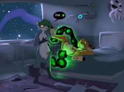 2020 absurd_res anthro antlers ass balls bed bedroom black_body black_fur cervid clothing clothing_aside dialogue dimitri_(sinistermongoose) duo erection euplerid fur furniture gas_mask genitals glowing glowing_eyes green_glow green_hair green_penis hair hi_res horn humanoid_genitalia humanoid_penis lying male male/male mammal mask metal_(artist) nude on_back open_mouth penetration penis presenting presenting_hindquarters ring-tailed_vontsira rossy smile space spread_legs spreading standing tentacle tentacle_penetration tentacle_sex vontsira