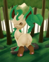 1boy absurd_res all_fours anus ass brown_eyes brown_fur canine detailed_background digital_media_(artwork) digital_painting_(artwork) eeveelution eye_contact feet feral forest furry grass green_fur hi_res leaf leafeon leg_markings log looking_at_viewer looking_back male markings mklxiv nintendo one_eye_closed outside paws plant pokemon pokemon_(species) pokemon_dppt pose presenting presenting_hindquarters signature smile socks_(marking) solo source_request tail testicles tree video_games wink wood yellow_fur