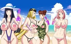 4girls alternate_breast_size artemisumi beach big_breasts blonde_hair blue_eyes blush boruto:_naruto_next_generations breast_grab breast_squeeze breasts brown_eyes brown_hair cutout dildo double_bun exposed_breasts exposed_pussy facial_mark female female_only flower forehead_mark goggles goggles_on_head grabbing_own_breast green_eyes hair_ornament hair_over_one_eye holding_object huge_breasts hyuuga_hinata ino_yamanaka looking_at_viewer micro_bikini multiple_girls naruto naruto:_the_last naruto_(series) nipples ocean pink_hair purple_hair sakura_haruno sand sex_toy smile swimsuit tenten vagina very_long_hair violet_eyes water wide_hips