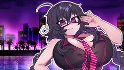 :3 ahoge big_breasts braided_hair cleavage crawling_dreams curvy dark_hair glasses hand_on_glasses huge_breasts looking_at_viewer nyarla_(crawling_dreams) nyarla_(osiimi) osiimi purple_eyes unbuttoned unbuttoned_shirt