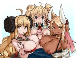 1boy 3girls ahoge anila_(granblue_fantasy) baby_face bandaid bandaid_on_face blonde_hair breast_press breasts breasts_out commentary dark_nipples dark_skin demon_horns draph earrings english_commentary erection fffm_foursome foursome granblue_fantasy grey_eyes highres horn_ribbon horns jewelry kuvira_(granblue_fantasy) large_breasts long_hair looking_at_viewer monika_weisswind multicolored_hair multiple_girls multiple_paizuri naughty_face nipples paizuri penis pink_hair pointy_ears pov ribbon sailor_collar sheep_horns small_but_busty straight sweat teamwork twintails two-tone_hair yellow_eyes zanamaoria