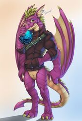 absurd_res anthro bastion black_clothing bottomless claws clothed clothing dragon hand_in_pocket hi_res male_only membrane_(anatomy) membranous_wings multicolored_body multicolored_scales pockets purple_body purple_scales purple_tail purple_wings scales scalie solo teeth toe_claws wings