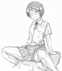 clothed_sex clothing cowgirl_position hiwatari jun_(666) jun_(pixiv187793) monochrome plaid plaid_skirt saliva school_uniform serafuku sex shimau short_hair sketch skirt spread_legs tartan wink yotsuba&!