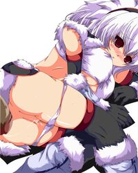 blush breasts capcom censored cum elbow_gloves empty_eyes gloves kirin_(armor) monster_hunter narura panties panty_pull penis pussy red_eyes thighhighs underboob underwear white_hair white_panties