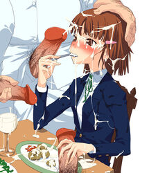 artist_request blazer blush brown_eyes brown_hair bukkake copyright_request cum cum_on_clothes cum_on_food cum_on_hair eating facial food gokkun hair_ornament hairclip hand_on_head handjob jacket penis school_uniform short_hair uncensored