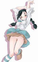 bad_id black_hair blush braid candice_(pokemon) endou_masatoshi female footwear gym_leader human_only kneehighs long_hair loose_socks nintendo no_panties open_clothes open_shirt pleated_skirt pokemon pokemon_dppt pubic_hair pussy shirt simple_background skirt socks solo straight_hair striped striped_legwear striped_socks sweat sweater_around_waist twin_braids uncensored upskirt white_background wind_lift yellow_eyes