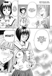 blush breasts daigo hard_translated highres implied_pregnancy incest licking monochrome nipples penis school_uniform sisters(hentai) sweat translated