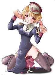 arima_natsubon blonde_hair blush censored cross crucifix cum cumdrip double_handjob handjob hat multiple_penises no_panties penis pink_eyes priest_(ragnarok_online) priestess pussy ragnarok_online short_hair thighhighs