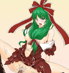 1girls breasts censored cum cum_inside female green_eyes green_hair kagiyama_hina long_hair nipples pointless_censoring ribbon sai-go sex solo touhou vaginal_penetration wink