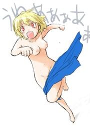 07th_expansion 1girls accidental_exposure areolae barefoot blonde_hair blue_towel completely_naked completely_nude completely_nude_female cute_fang embarrassed embarrassed_nude_female enf exposed exposed_nipples exposed_pussy fair-skinned_female fair_skin fangs female female_focus female_only higurashi_no_naku_koro_ni houjou_satoko japanese_text light-skinned_female light_skin lost_clothes naked naked_female nipples nude nude_female red_eyes running running_away screaming short_hair simple_background small_breasts solo solo_focus tears towel translated wardrobe_malfunction white_background