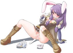 alchemist_(ragnarok_online) animal_ears arima_natsubon boots bunny_ears cape censored cum cum_on_clothes elbow_gloves fingerless_gloves flask gloves long_hair no_panties purple_eyes purple_hair pussy pussy_juice ragnarok_online saliva sitting sweat test_tube