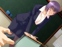 1girls blush breasts chalkboard classroom classroom_eraser cleavage closed_eyes clothed_masturbation clothing curvy discreet_vibrator dutch_angle female female_focus female_only female_penetrated female_teacher game_cg glasses haikara_kissa himemitsu_~himetaru_wa_tsuki_no_mitsu~ indoors large_breasts masturbation pantyhose public public_vibrator purple_hair remote_control_vibrator secret shinobu_tan'ei skirt sneaky source_request standing stealth_masturbation teacher vibrator