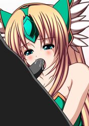 blonde_hair blue_eyes blush cum fellatio female head_wings headwings helmet human long_hair male oral penis riesz seiken_densetsu seiken_densetsu_3 sion_kozi straight uncensored winged_helmet