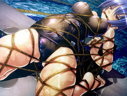 1girls arms_behind_back ball_gag barefoot blue_hair bondage breast_bondage breasts erect_nipples female foreshortening gag gagged game_cg large_breasts miyaji_akira nipples one-piece_swimsuit pool purple_eyes purple_hair rope sakuya_tsuitachi school_swimsuit shiny shiny_clothes shiny_skin shiru_daku_settai shiru_daku_settai_okawari_nihaime short_hair skindentation solo source_request swimsuit tadano_akira thighs wet