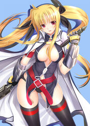 1girls bardiche belt black_panties blonde_hair blush breasts cape cleavage fate_testarossa female gauntlets long_hair lyrical_nanoha mahou_shoujo_lyrical_nanoha mahou_shoujo_lyrical_nanoha_strikers mikazuki_akira nipple_slip nipples panties red_eyes solo thighhighs tied_hair twintails underwear very_long_hair weapon