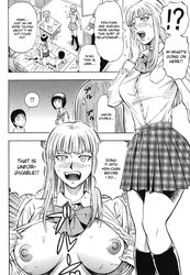 breasts comic daigo hard_translated highres monochrome nipples open_clothes open_shirt school_uniform shirt sisters(hentai) sweat translated