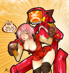 2d 2d_(artwork) biker_clothes blush bottomless breasts canti cleavage doggy_style down_blouse dress english_text flcl from_behind gloves green_eyes hand_holding hard_translated haruko_haruhara hetero holding_hands lips machine male/female monster nipple_slip nipples no_bra open_clothes open_mouth open_shirt pink_hair robot sex shirt short_hair speech_bubble straight text translated undressing unzipped uponthoufaircat wrist_grab zipper