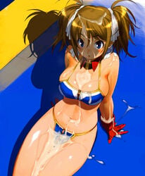 1girls :o arm_support bikini blue_eyes breasts brown_hair bust_cup cleavage crotch_zipper cum cum_on_body cum_on_breasts cum_on_hair cum_on_upper_body cum_pool earth_federation female gloves gundam gundam_card_builder human large_breasts light-skinned_female light_skin navel photoshop reiko_holinger shadow sitting skindentation solo string_bikini swimsuit tied_hair twintails underboob wakamezake wing_collar yoshizaki_mine zipper