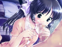 black_hair blush censored cum cum_in_mouth ejaculation fellatio game_cg midorigafuchi mizui_kaou oral pajamas penis tied_hair twintails