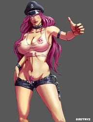 1girls areola armband armpit blush breasts capcom cleavage collar cuffs curvy denim_shorts dmitrys erect_nipples female final_fight hair hand_on_hip handcuffs hat huge_breasts large_breasts lips lipstick long_hair makeup midriff muscles navel nipple_piercing nipples open_fly peaked_cap perky_breasts piercing piercings pink_hair poison_(final_fight) pose pubic_hair puffy_areola purple_hair see-through simple_background smile solo standing studded_armband studded_collar tank_top text thumbs_up unzipped very_long_hair wide_hips wristband zipper