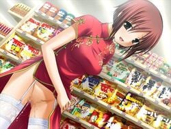 1girl 1girls brown_hair censored cheongsam china_dress chinadress chinese_clothes dress dress_lift exhibitionism female_only food game_cg garter_belt miyamori_kasumi no_panties okuma_masami public pussy pussy_juice qipao shakkin_shimai shopping solo supermarket thighhighs voyeur voyeurism