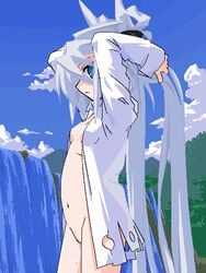 arms_behind_head arms_up belly blue_eyes hands_in_hair long_hair mof naked_shirt navel no_panties oekaki open_clothes open_shirt original outdoors profile shirt silver_hair solo tied_hair twintails very_long_hair water waterfall