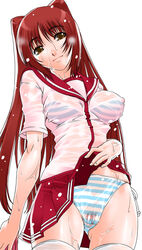 bra brown_eyes cameltoe clothing highres kousaka_tamaki large_breasts lingerie long_hair nipples panties pubic_hair red_hair school_uniform see-through see-through_clothing serafuku shinama side-tie_panties simple_background skirt skirt_lift smile stockings striped striped_bra striped_panties thighhighs to_heart_(series) to_heart_2 underwear wet wet_clothes wet_panties white_background