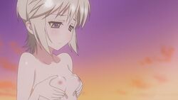 blue_eyes breast_grab breast_squeeze breasts ezomori_nozomu kanokon nipples no_nose nude pointy_chin sad short_hair silver_hair sunset