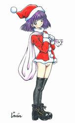 bishoujo_senshi_sailor_moon blue_eyes bob_cut boots bottomless christmas clothing female female_only hat hotaru_tomoe jinjin no_panties purple_hair pussy sack santa santa_costume santa_hat solo stockings straight_hair thighhighs uncensored